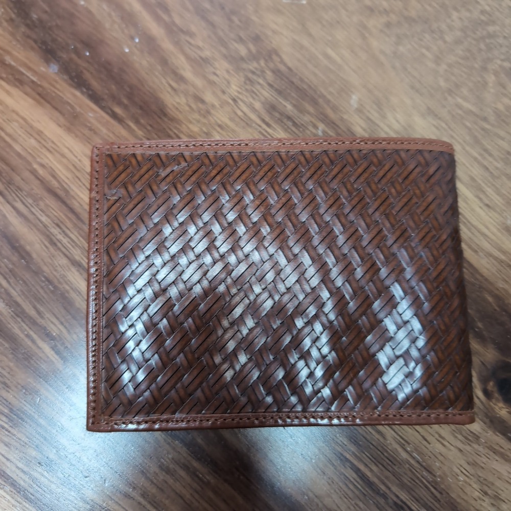 Vintage Italian Brown Leather Basketweave Bifold Wallet with Coin Pouch